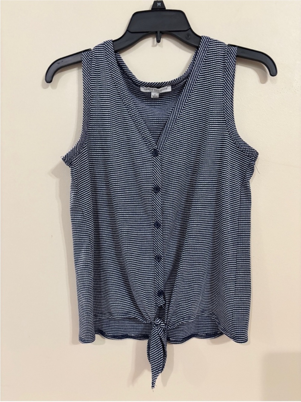 Green Envelope Navy and White Striped Button-Front Tie Hem Tank